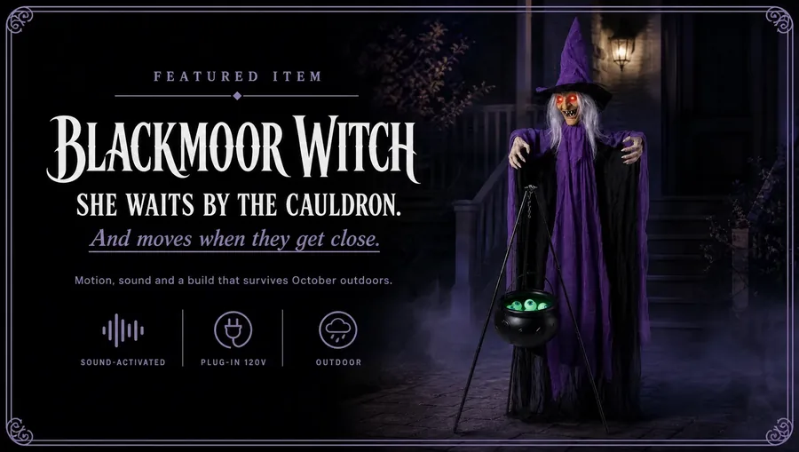 Blackmoor Witch Animatronic — She waits by the cauldron. And moves when they get close. Motion, sound and a build that survives October outdoors. Sound-activated, Plug-in 120V, Outdoor, Quick setup