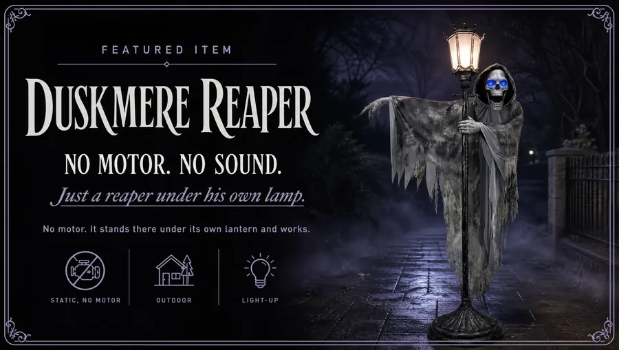 Duskmere Reaper — No motor. No sound. Just a reaper under his own lamp. No motor. It stands there under its own lantern and works. Static, no motor, Outdoor, Light-up, Quick setup