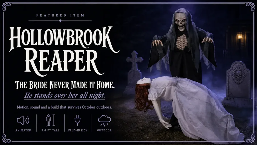 Hollowbrook 5.6 ft Reaper — The bride never made it home. He stands over her all night. Motion, sound and a build that survives October outdoors. Animated, 5.6 ft tall, Plug-in 120V, Outdoor