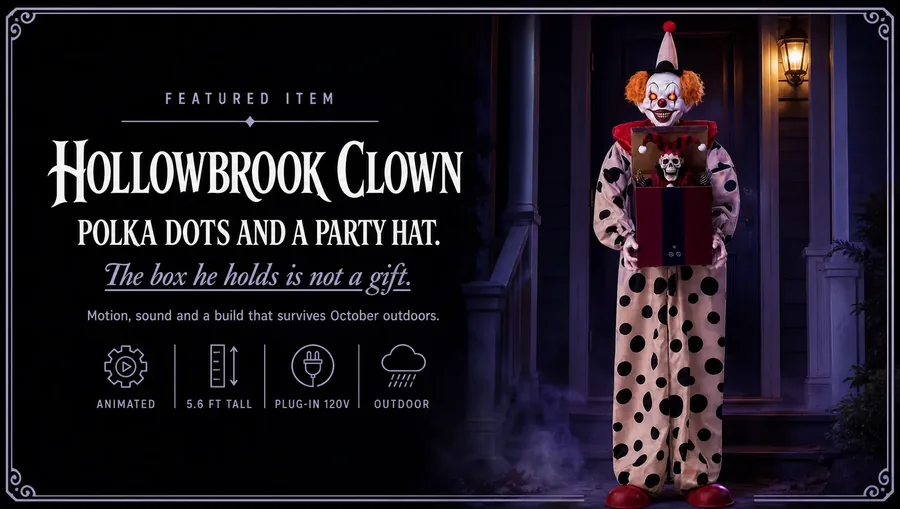 Hollowbrook Clown Animatronic — Polka dots and a party hat. The box he holds is not a gift. Motion, sound and a build that survives October outdoors. Animated, 5.6 ft tall, Plug-in 120V, Outdoor