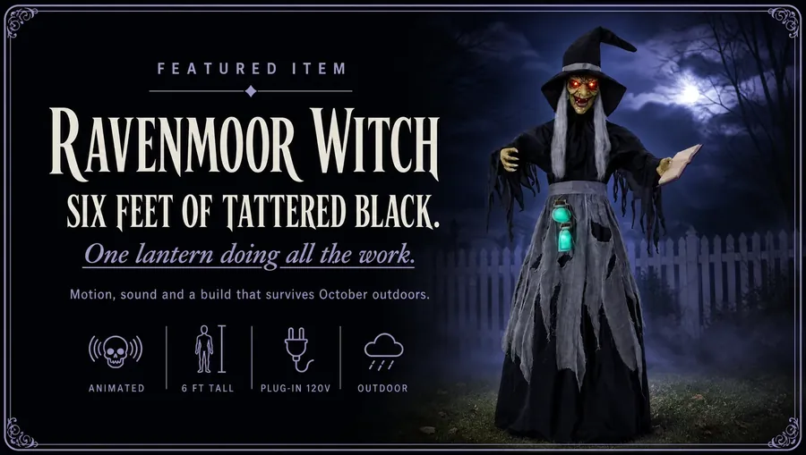Ravenmoor Witch Animatronic — Six feet of tattered black. One lantern doing all the work. Motion, sound and a build that survives October outdoors. Animated, 6 ft tall, Plug-in 120V, Outdoor
