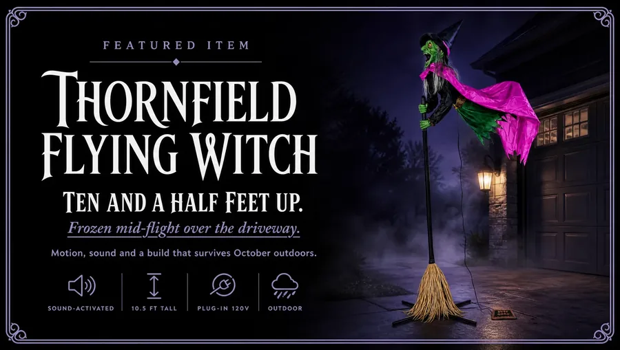 Thornfield 10.5 ft Witch Animatronic — Ten and a half feet up. Frozen mid-flight over the driveway. Motion, sound and a build that survives October outdoors. Sound-activated, 10.5 ft tall, Plug-in 120V, Outdoor