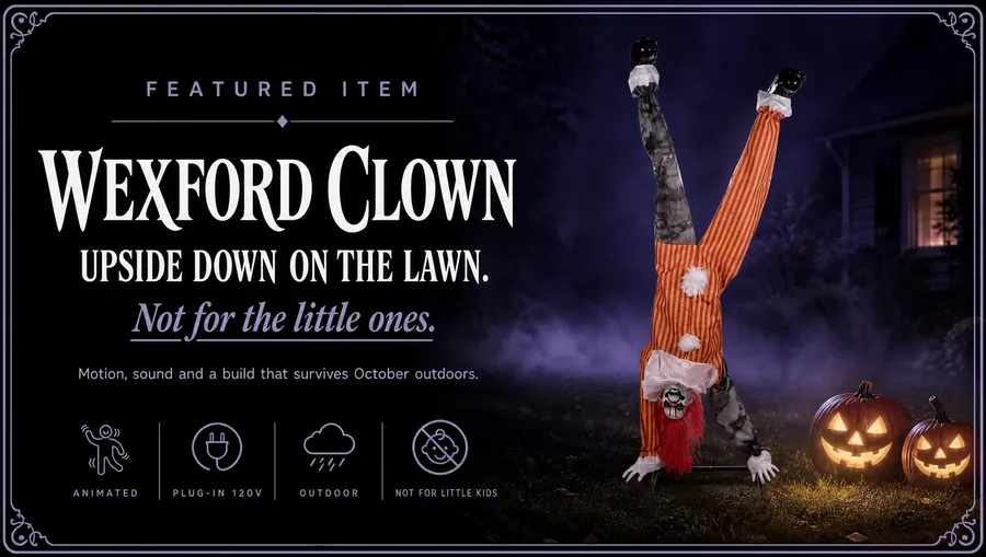 Wexford Clown Animatronic — Upside down on the lawn. Not for the little ones. Motion, sound and a build that survives October outdoors. Animated, Plug-in 120V, Outdoor, Not for little kids