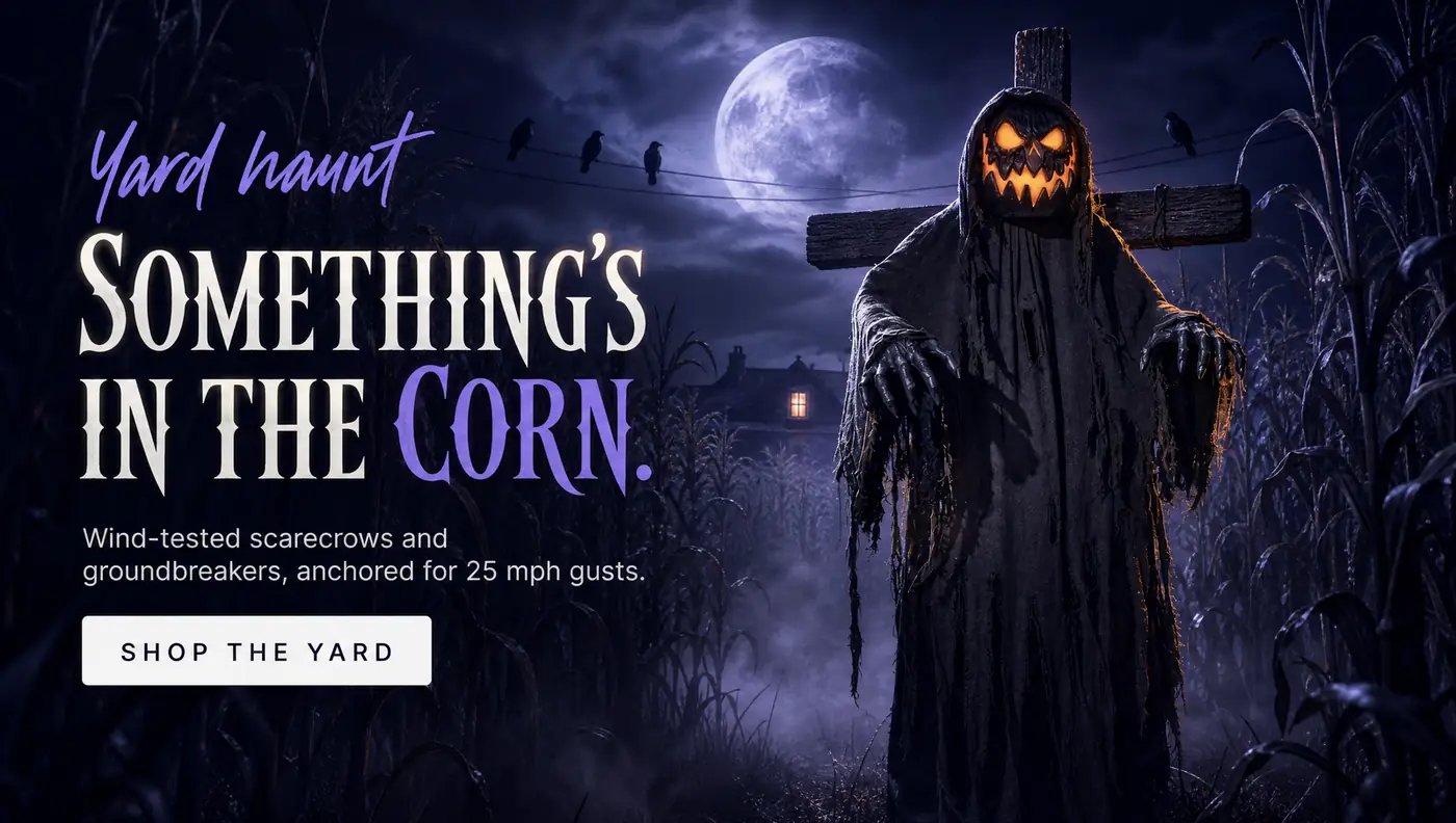 Yard haunt SOMETHING'S IN THE CORN. Wind-tested scarecrows and groundbreakers, anchored for 25 mph gusts. SHOP THE YARD