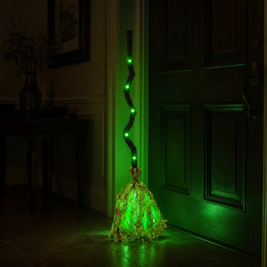 Lit green on the tile inside a front door at night, the light pooling around the straw
