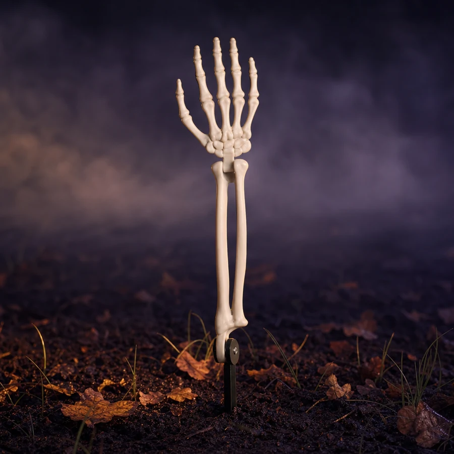 Framed featured card: ten bone arms staked across a night lawn under the Gravereach name