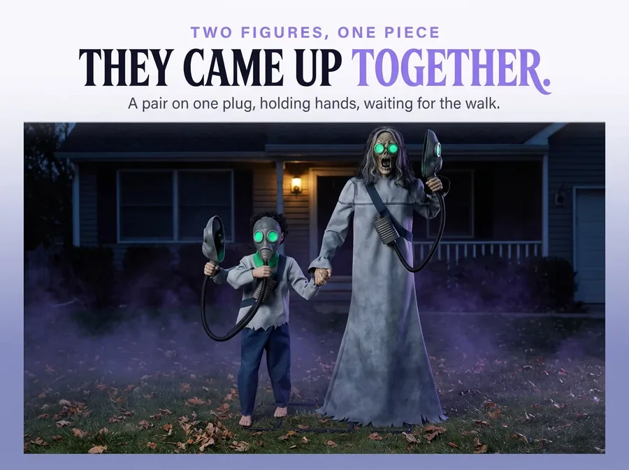 The pair on a suburban lawn at night, hand in hand, green behind their masks, under the line They came up together.