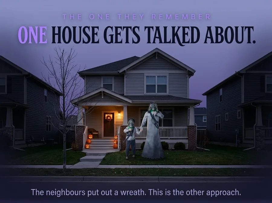 A decorated house at dusk from across the street, the grey pair on the lawn while the neighbours stay dark.