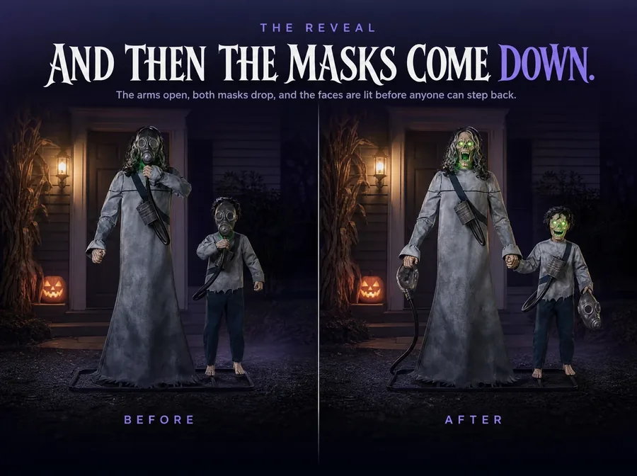 One photograph split down the middle: masks held over the faces on the left, lowered and the faces lit on the right.
