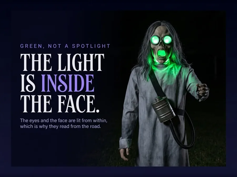 Night macro of one sculpted face, the eye lenses and the hollows of the cheeks lit from inside in cold green.