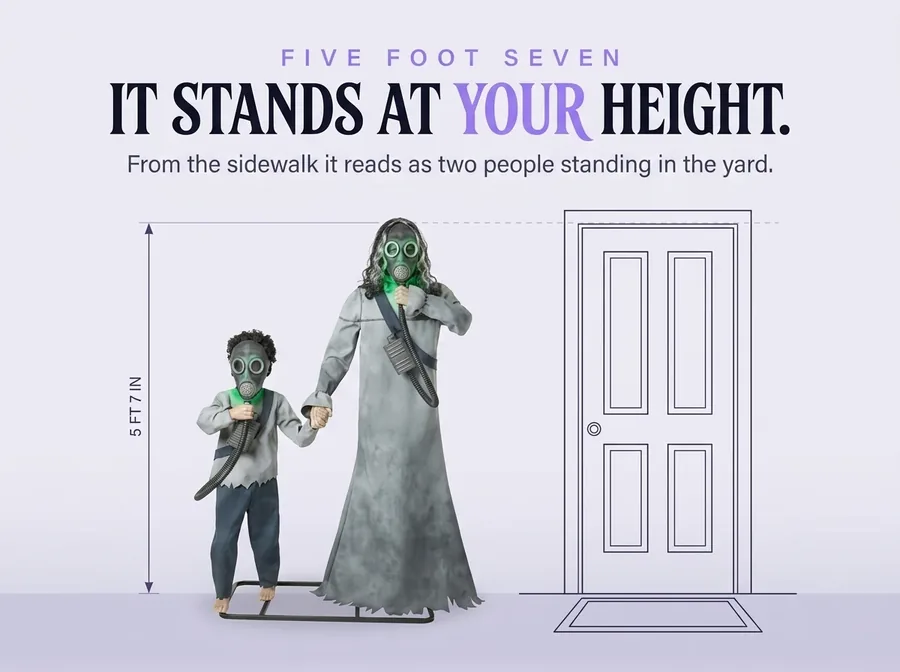 Size diagram on a pale ground: the taller figure measured at 5 ft 7 in beside a front door and a grey silhouette.