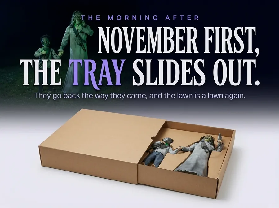 One frame blending from the dark lawn to a bright flat-lay of the plain box with its tray slid open.