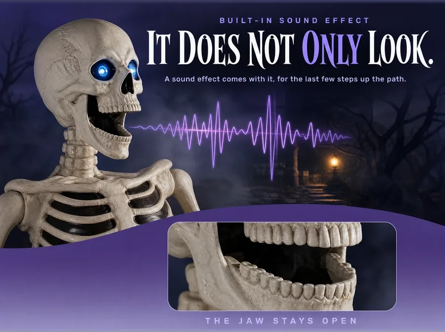 The groundbreaker at night, jaw open, with a lilac audio waveform rising from it over a violet detail panel.
