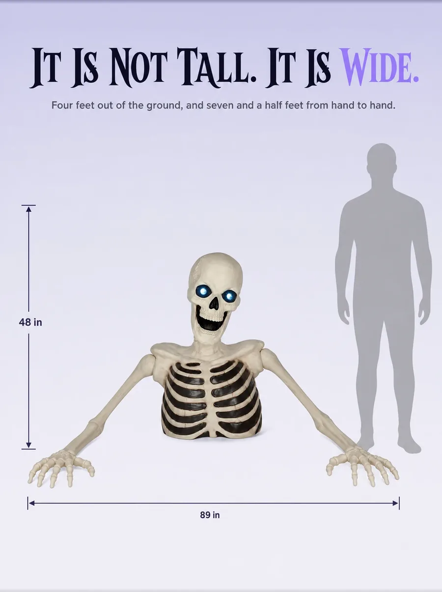 Size diagram on a pale ground: the groundbreaker measured at 48 in tall and 89 in across, beside a grey human silhouette.
