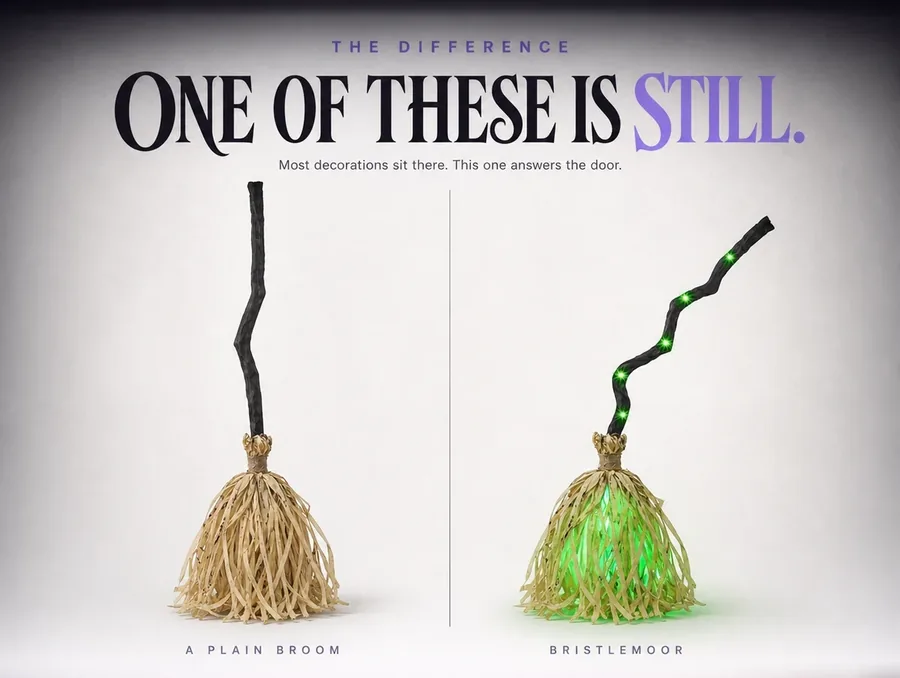 Studio comparison on pale paper: a still unlit broom on the left, the lit one leaning on the right