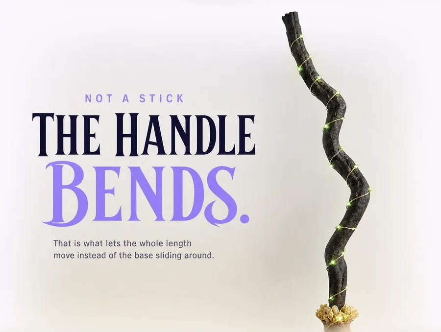 Close studio view on pale paper of the bendable S-curved handle with the bulb strand along it