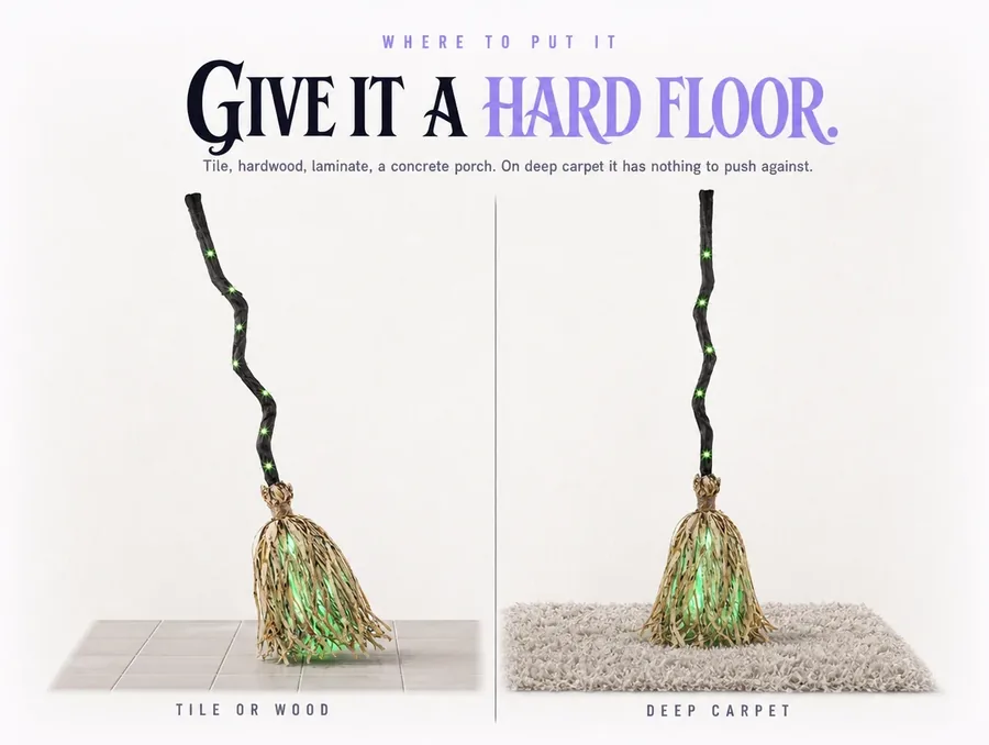 Studio comparison on pale paper: the broom on smooth tile on the left, on thick carpet on the right