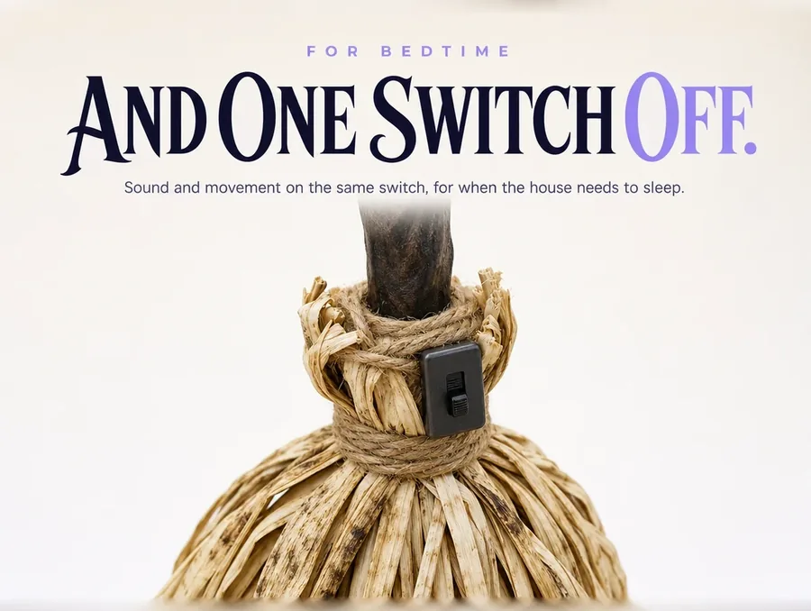 Close studio view of the small switch housing tucked against the twine binding