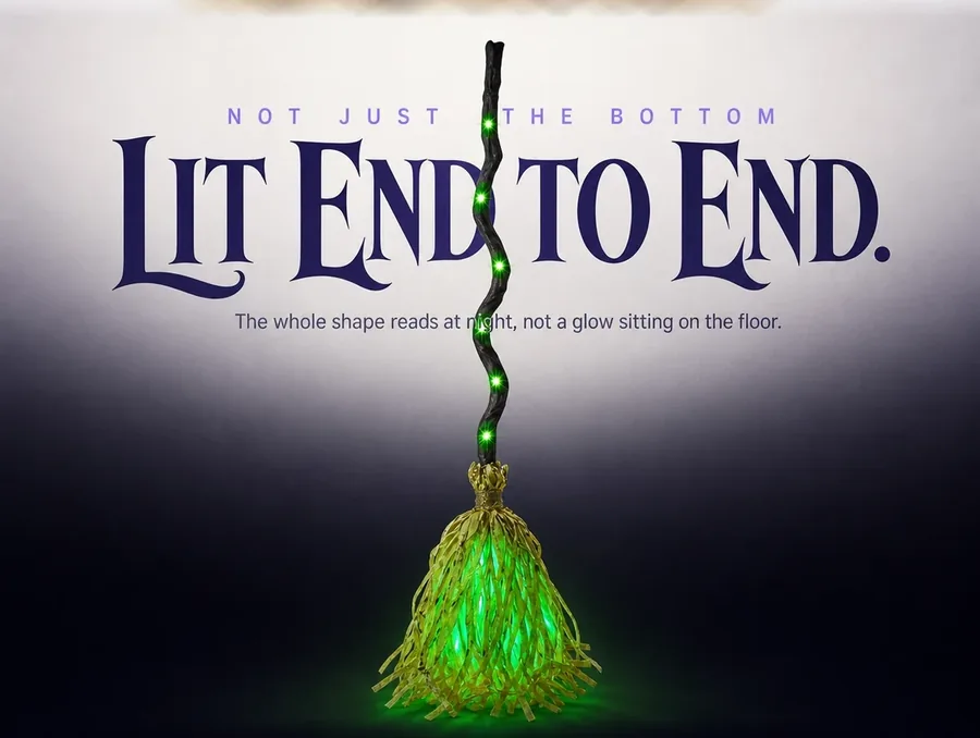 The broom against black, the strand of bulbs lit along the full length of the handle