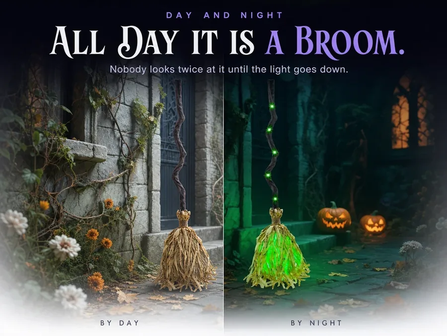 One frame split in two: the same broom unlit by day on the left and lit green by night on the right