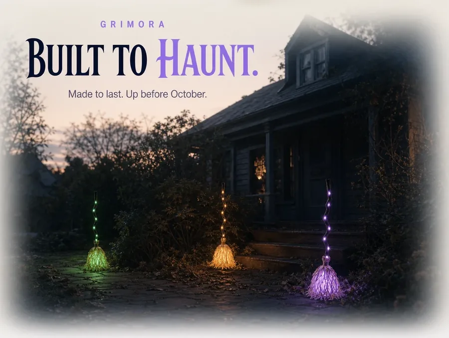 Three of them lit green, amber and violet along the walk of a dark house, seen from the sidewalk
