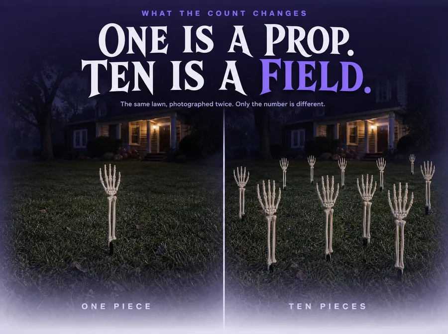 Side by side comparison: one lone arm stake in a lawn, and the same lawn with ten planted across it.
