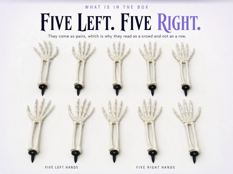 Overhead studio view of two rows of five bone arm stakes, the top row left hands and the bottom row right hands.