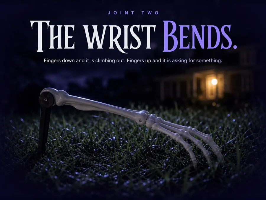 Macro night view of the wrist hinge, fingers curling down toward wet grass.