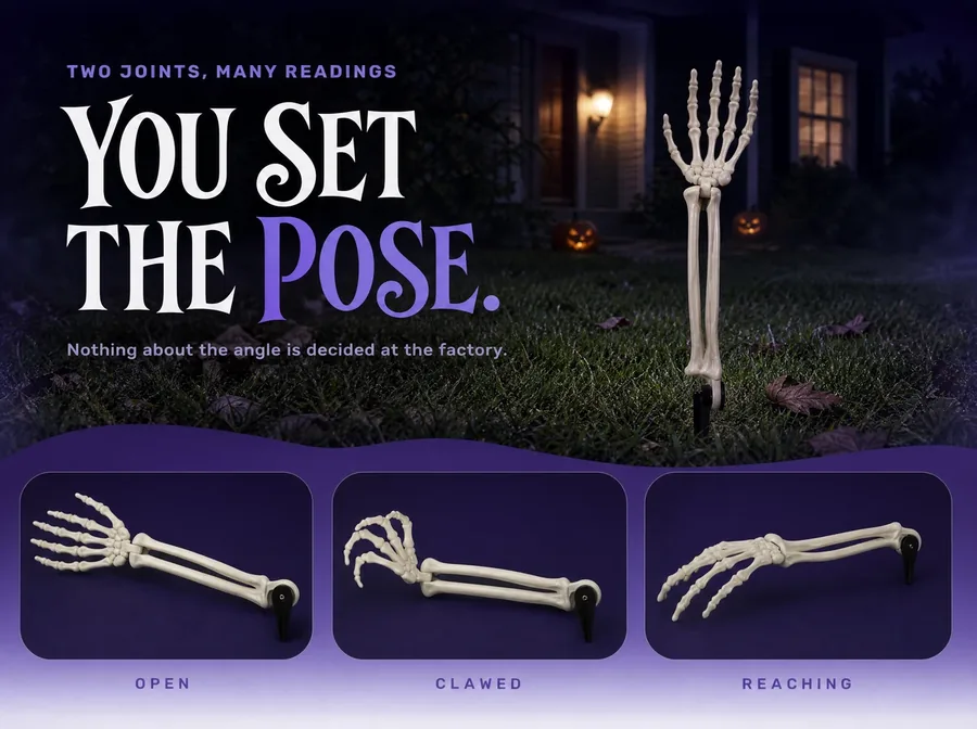 A violet panel holding three detail crops of the same arm stake in three different poses.