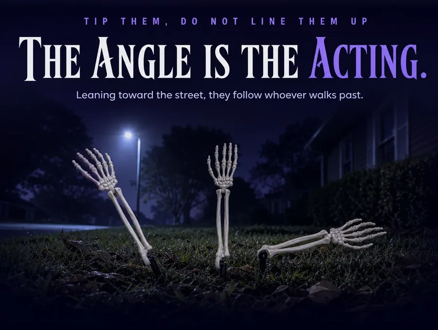 Three arm stakes planted at three different angles on a very dark lawn under a distant street lamp.