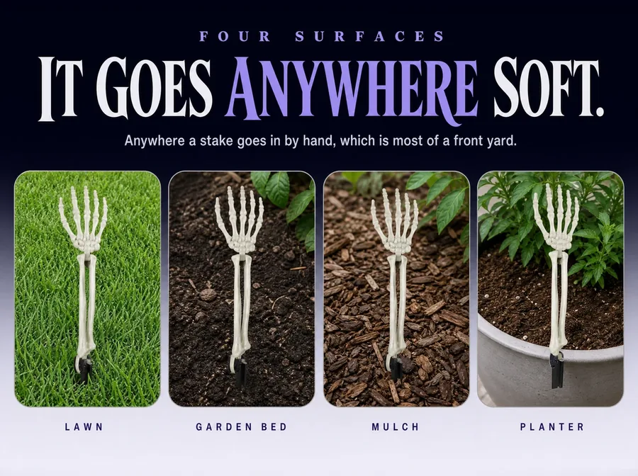 Four macro crops of one arm stake planted in turf, garden soil, bark mulch and a planter.