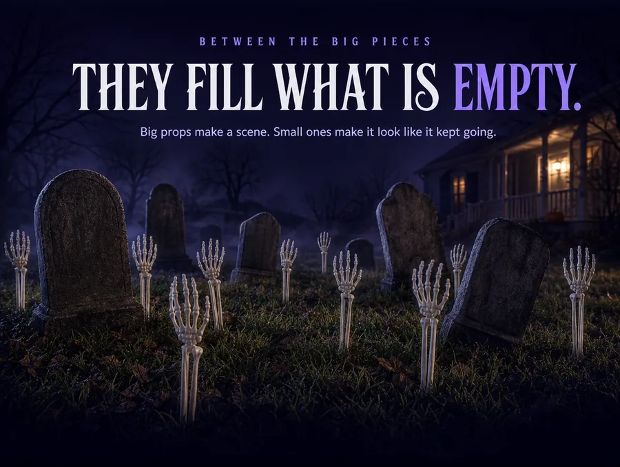 A night graveyard scene with headstones and ground fog, bone arms planted in the gaps between them.