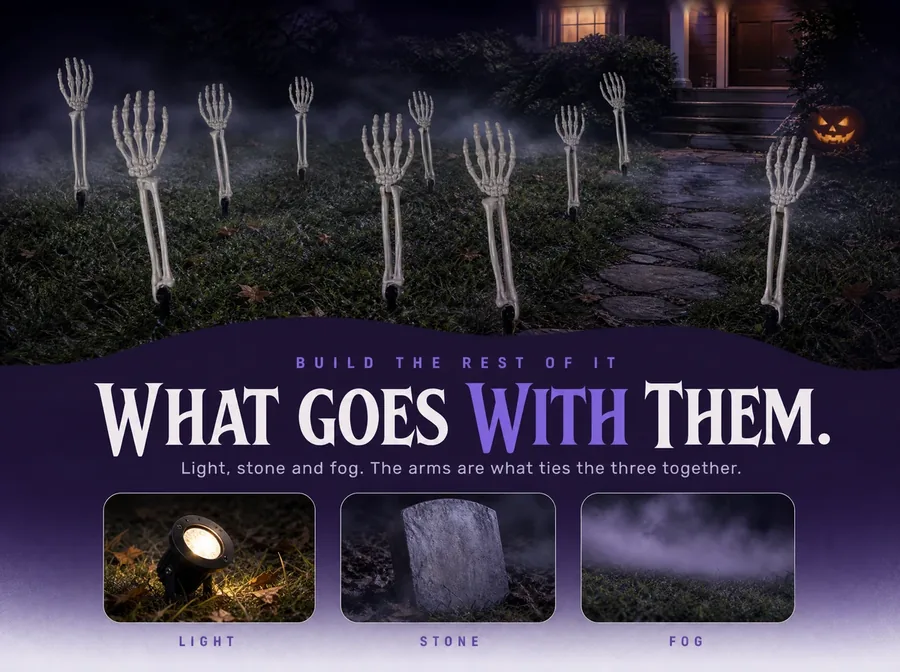 A violet panel holding three crops: a ground spotlight, a headstone and a bank of low fog.