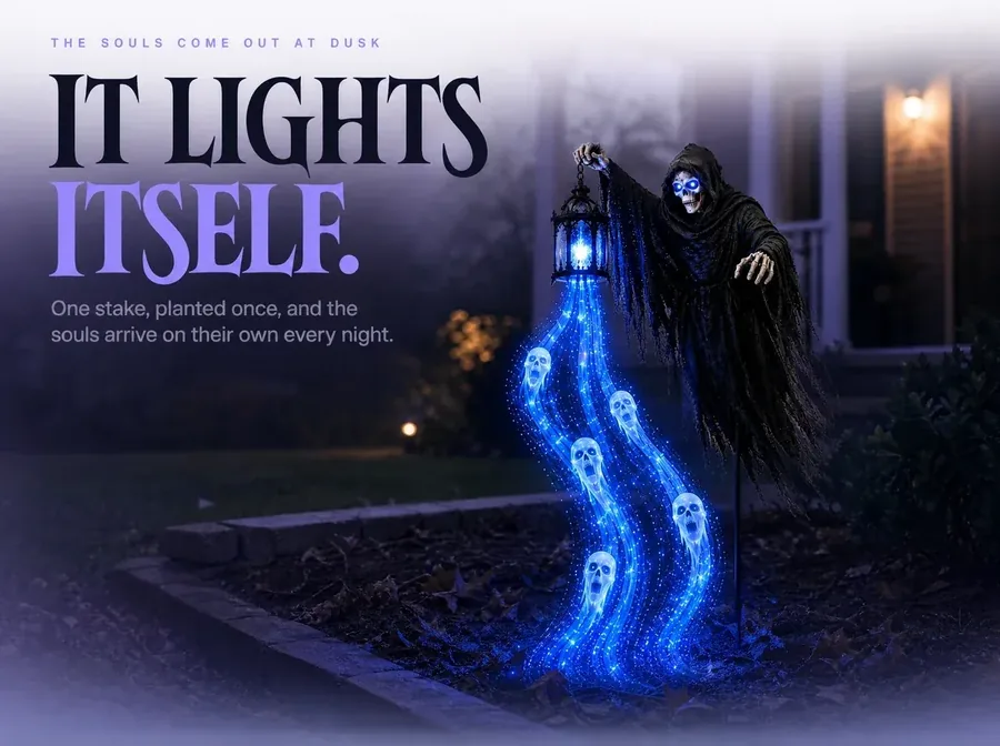 The lit reaper stake alone on a dark lawn, blue light falling from its lantern