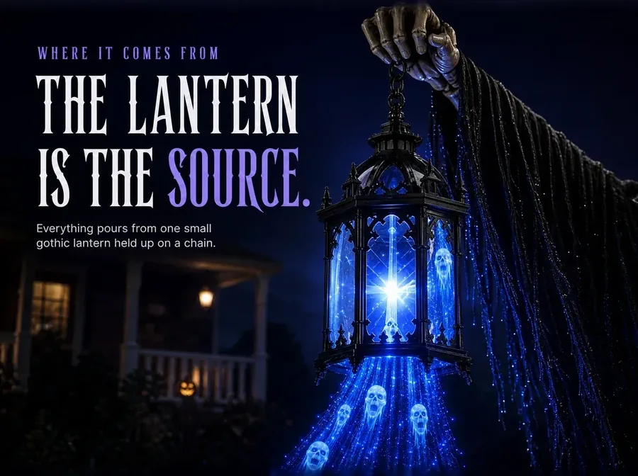 Extreme close-up of the black lantern and the bone hand that holds it by its chain