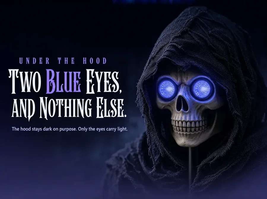 The hooded skull in close-up, its two round eyes the only lit thing in the dark