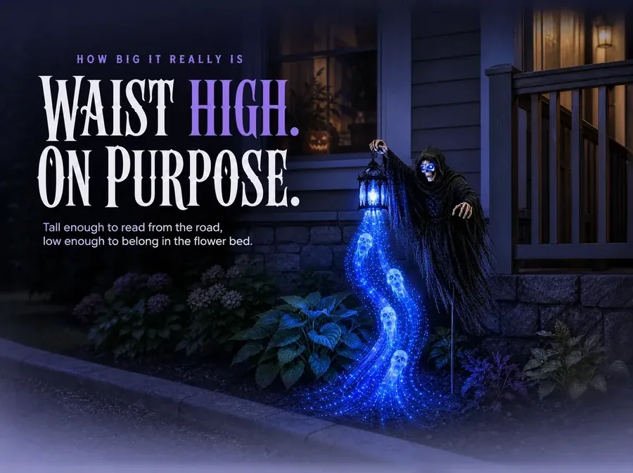 The stake beside a porch rail and window sill, its hood sitting below both