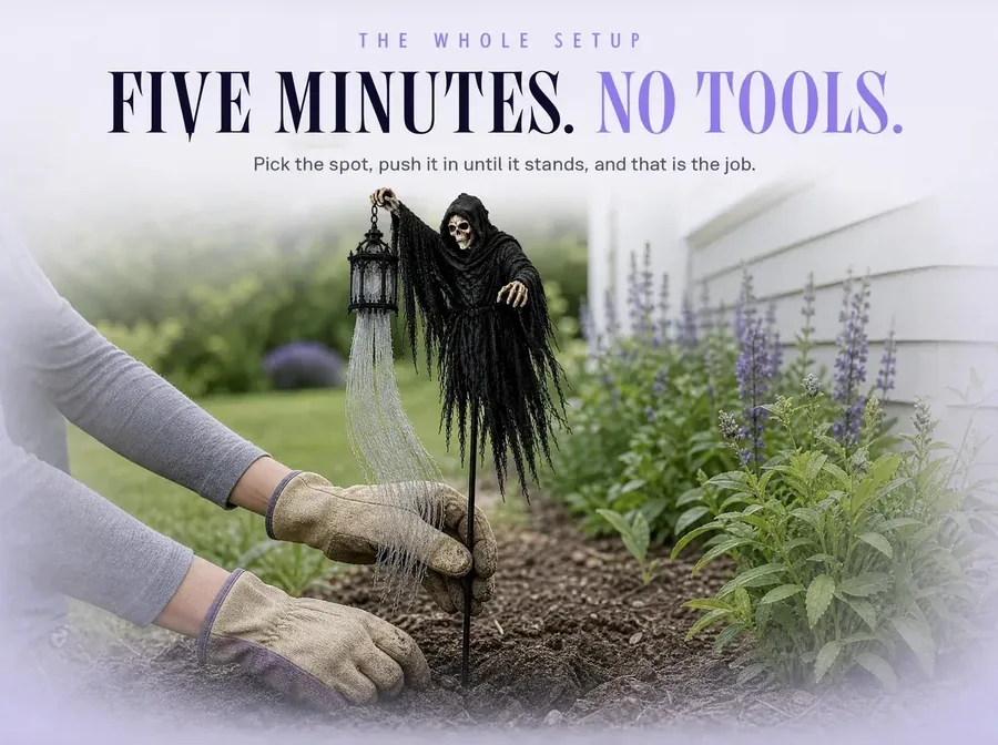 Gloved hands pushing the stake into soft soil beside a garden bed, no tools in sight