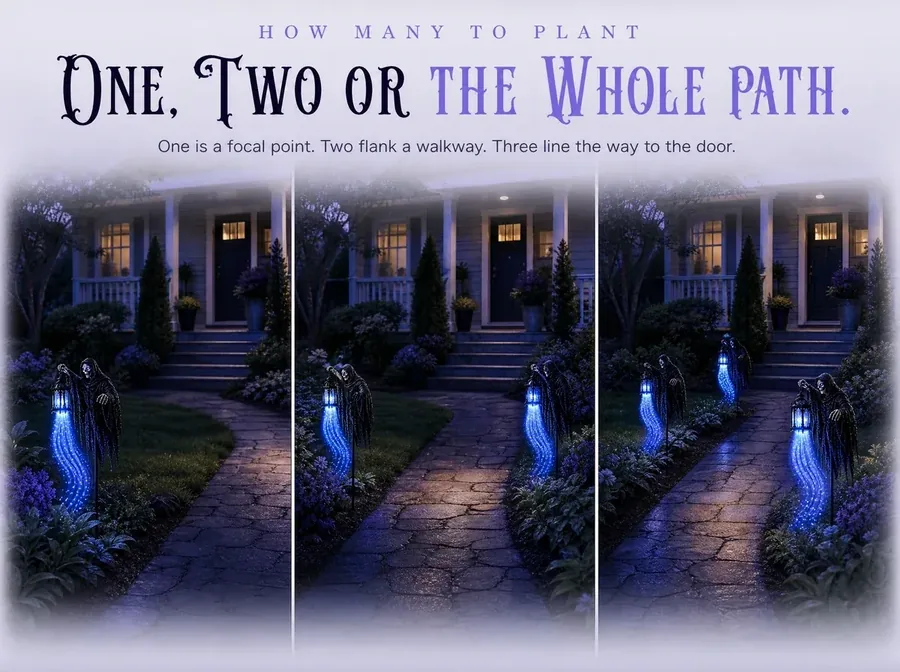 One garden shown three ways at dusk, with a single stake, then a pair, then a row