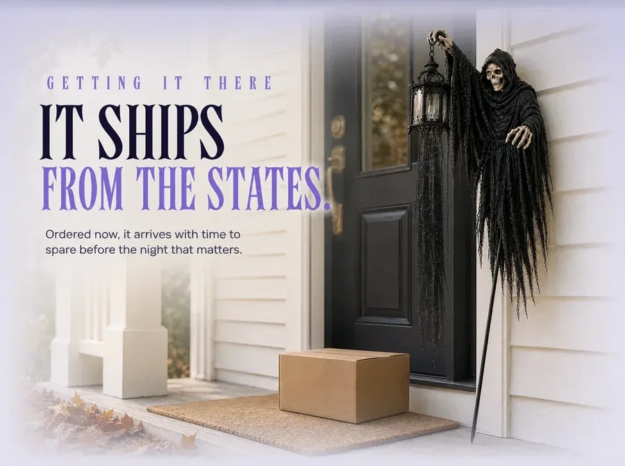 A plain parcel on a bright porch with the unlit stake leaning beside the door