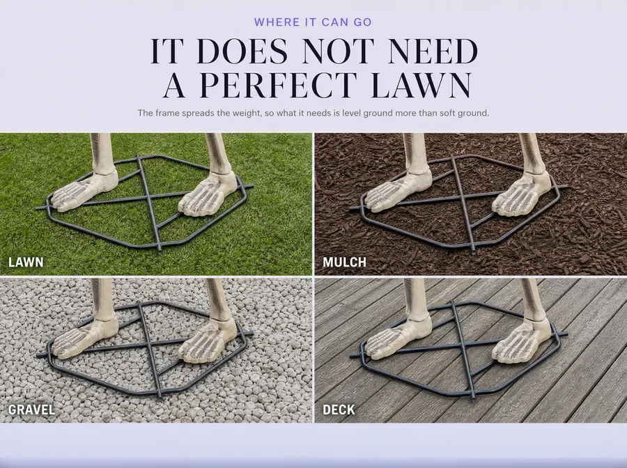 It does not need a perfect lawn. Lawn, mulch, gravel or deck, level ground matters more